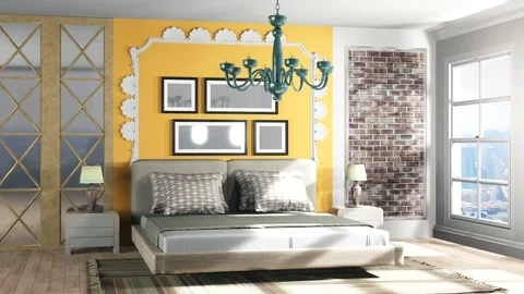 Bedroom interior. Bed. 3d illustration Stock Footage 139814690