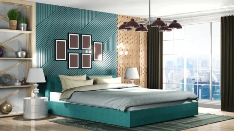 Bedroom interior. Bed. 3d illustration Stock Footage 139814697