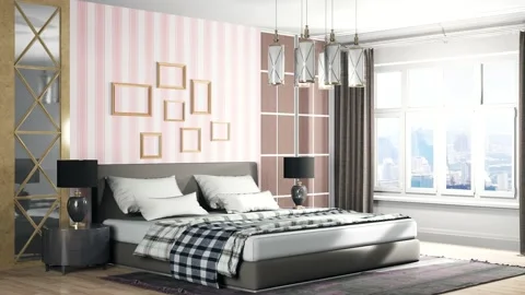 Bedroom interior. Bed. 3d illustration Stock Footage 139814952