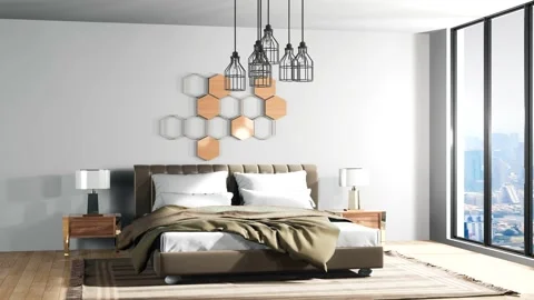 Bedroom interior. Bed. 3d illustration Stock Footage 140767624