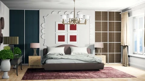 Bedroom interior. Bed. 3d illustration Stock Footage 141163695