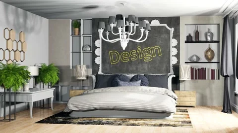Bedroom interior. Bed. 3d illustration Stock Footage 141163780