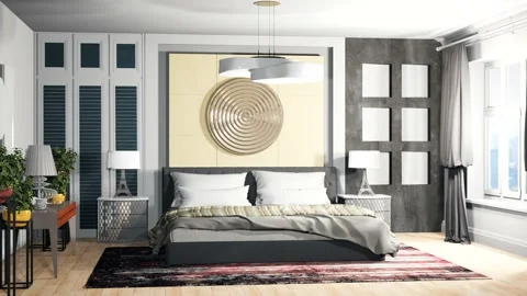 Bedroom interior. Bed. 3d illustration Stock Footage 141163833