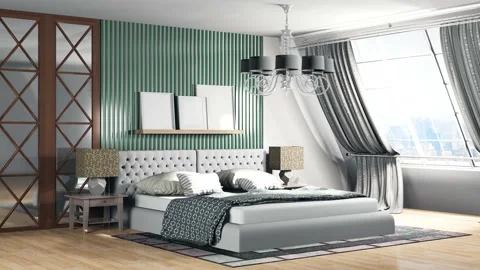 Bedroom interior. Bed. 3d illustration Stock Footage 141485629