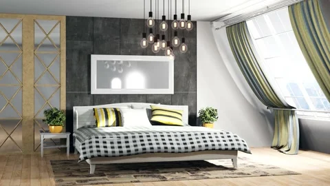 Bedroom interior. Bed. 3d illustration Stock Footage 141485704
