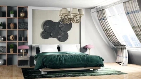 Bedroom interior. Bed. 3d illustration Stock Footage 141485707