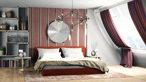 Bedroom interior. Bed. 3d illustration Stock Footage 141485735