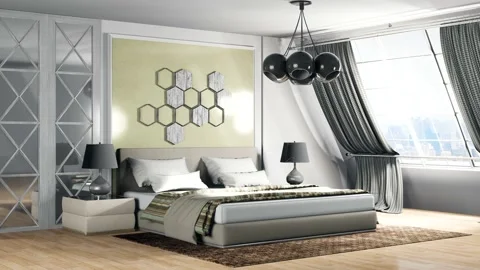 Bedroom interior. Bed. 3d illustration Stock Footage 141485800
