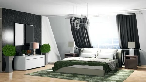 Bedroom interior. Bed. 3d illustration Stock Footage 141591736