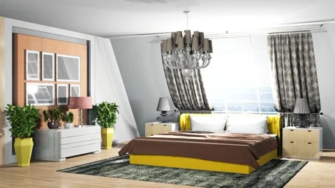 Bedroom interior. Bed. 3d illustration Stock Footage 141592098