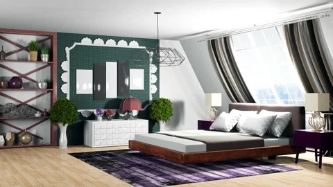 Bedroom interior. Bed. 3d illustration Stock Footage 141592432