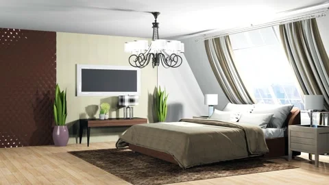 Bedroom interior. Bed. 3d illustration Stock Footage 141592444