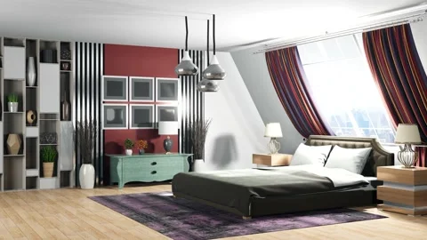Bedroom interior. Bed. 3d illustration Stock Footage 141592793