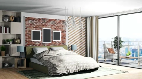 Bedroom interior. Bed. 3d illustration Stock Footage 141665523