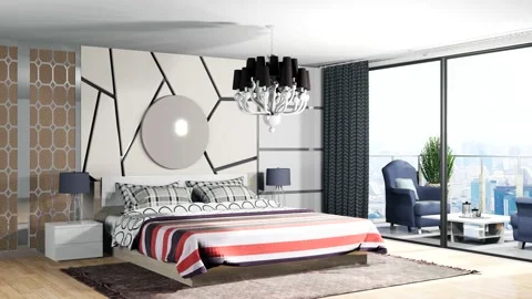 Bedroom interior. Bed. 3d illustration Stock Footage 141665595