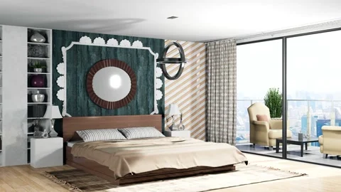 Bedroom interior. Bed. 3d illustration Stock Footage 141665599