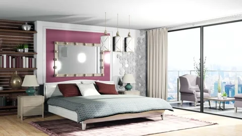 Bedroom interior. Bed. 3d illustration Stock Footage 141665677
