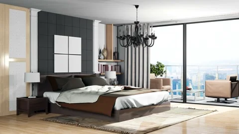 Bedroom interior. Bed. 3d illustration Stock Footage 141665765