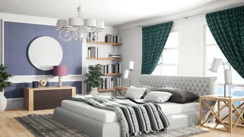 Bedroom interior. Bed. 3d illustration Stock Footage 144305884
