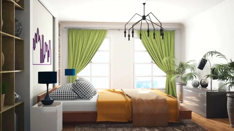 Bedroom interior. Bed. 3d illustration Stock Footage 144594708