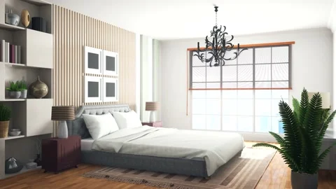 Bedroom interior. Bed. 3d illustration Stock Footage 144594923