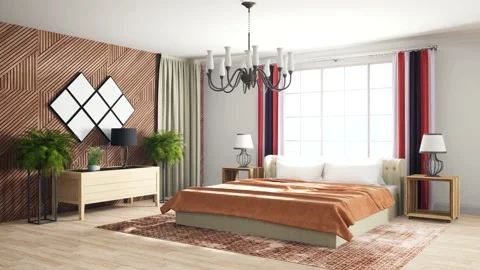 Bedroom interior. Bed. 3d illustration Stock Footage 146435994