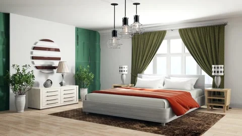 Bedroom interior. Bed. 3d illustration Stock Footage 146436008