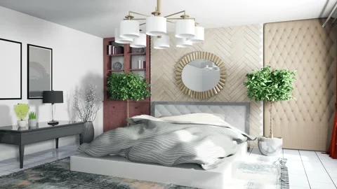 Bedroom interior. Bed. 3d illustration Stock Footage 147233443