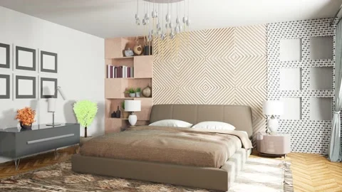 Bedroom interior. Bed. 3d illustration Stock Footage 147233448