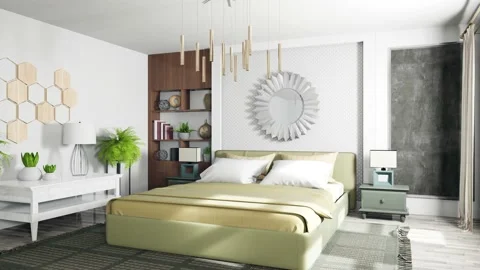 Bedroom interior. Bed. 3d illustration Stock Footage 147233451