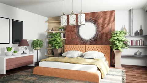 Bedroom interior. Bed. 3d illustration Stock Footage 147233484