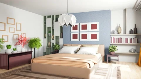 Bedroom interior. Bed. 3d illustration Stock Footage 147233489
