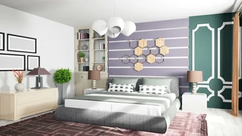 Bedroom interior. Bed. 3d illustration Stock Footage 147233495