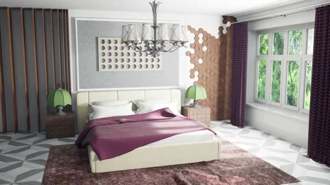 Bedroom interior. Bed. 3d illustration Stock Footage 147428340