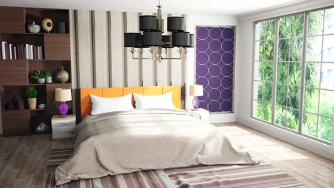 Bedroom interior. Bed. 3d illustration Stock Footage 147428348