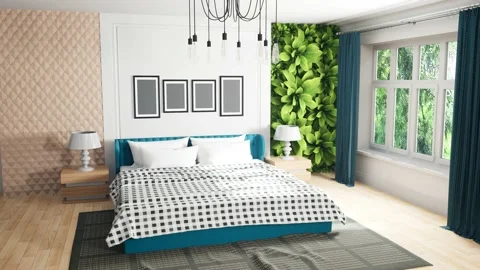 Bedroom interior. Bed. 3d illustration Stock Footage 147428355