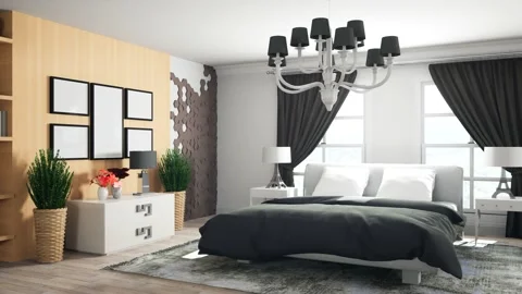 Bedroom interior. Bed. 3d illustration Stock Footage 156553592