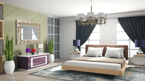 Bedroom interior. Bed. 3d illustration Stock Footage 156553593