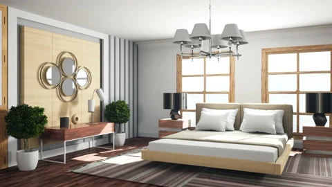 Bedroom interior. Bed. 3d illustration Stock Footage 156553689