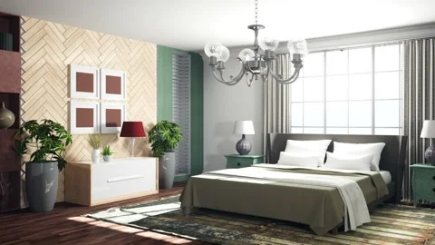 Bedroom interior. Bed. 3d illustration Stock Footage 156553725
