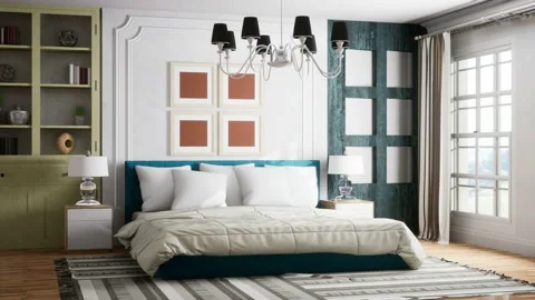 Bedroom interior. Bed. 3d illustration Stock Footage 166112205