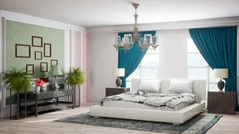 Bedroom interior. Bed. 3d illustration Stock Footage 167561674