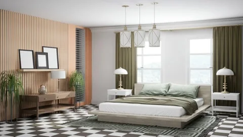 Bedroom interior. Bed. 3d illustration Stock Footage 167561939