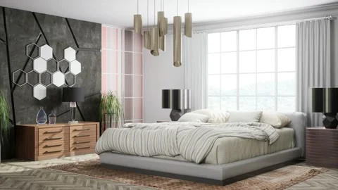 Bedroom interior. Bed. 3d illustration Stock Footage 167562064