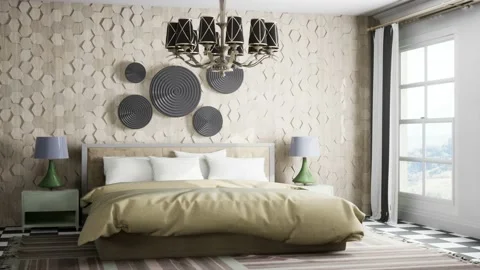Bedroom interior. Bed. 3d illustration Stock Footage 168353282