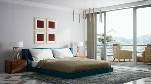 Bedroom interior. Bed. 3d illustration Stock Footage 169403418