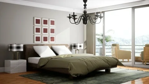 Bedroom interior. Bed. 3d illustration Stock Footage 169403427