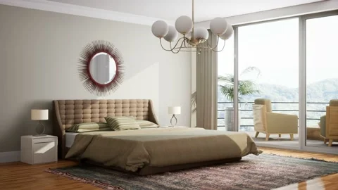 Bedroom interior. Bed. 3d illustration Stock Footage 169403516