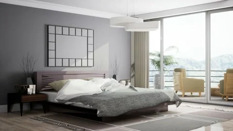 Bedroom interior. Bed. 3d illustration Stock Footage 169403531