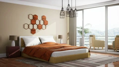 Bedroom interior. Bed. 3d illustration Stock Footage 169403536